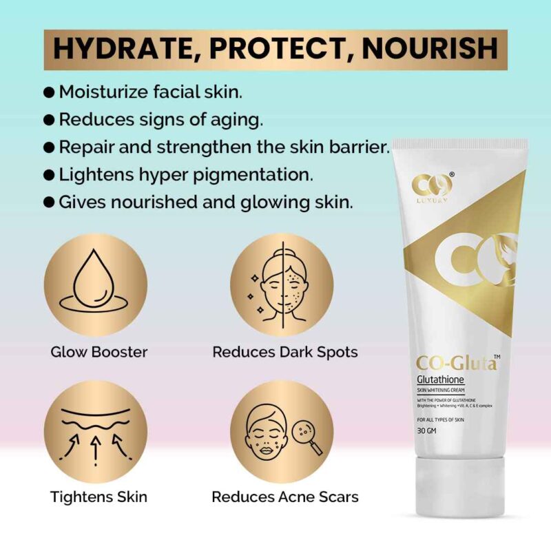 CO Luxury Glutathione Cream for skin lightening with Kojic Acid, Vitamin A, C & E (30 g) - Image 4