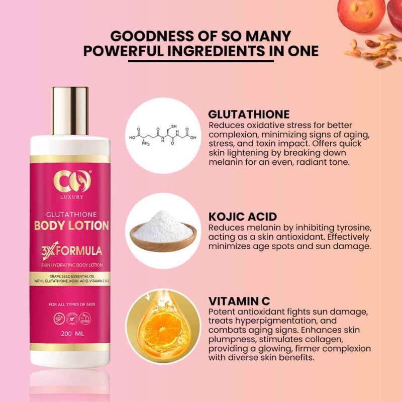 Co Luxury Glutathione Hydrating Body Lotion with Kojic Acid & Grapeseed Essential Oil For All Skin Types - Image 3