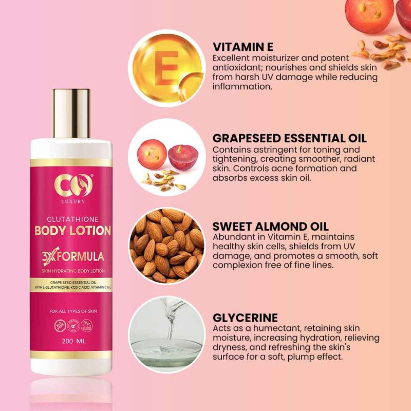 Co Luxury Glutathione Hydrating Body Lotion with Kojic Acid & Grapeseed Essential Oil For All Skin Types - Image 4
